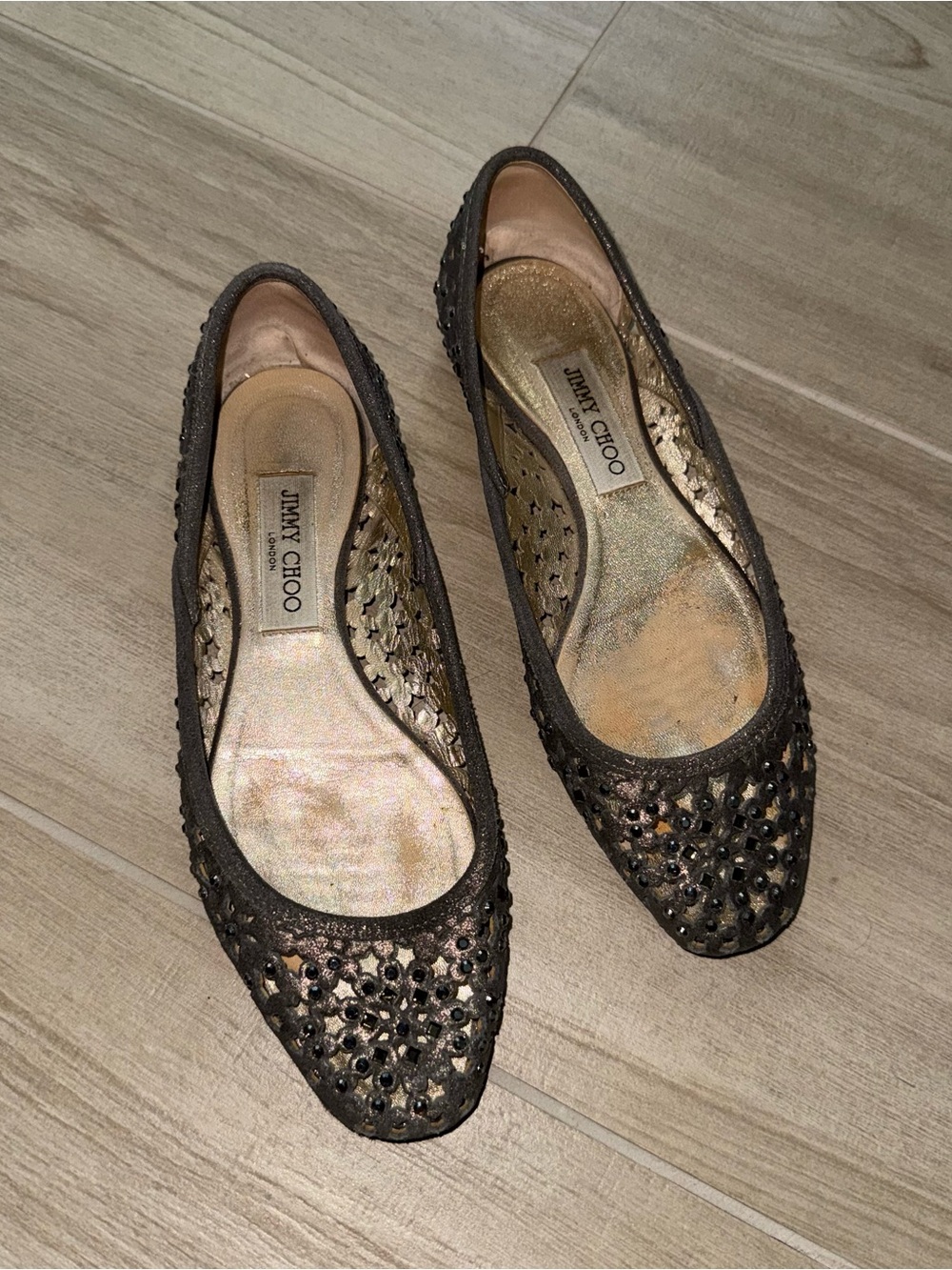 Jimmy Choo Rhinestone Slip On Flats  Silver Closed Toe EU 38.5 or US 8
